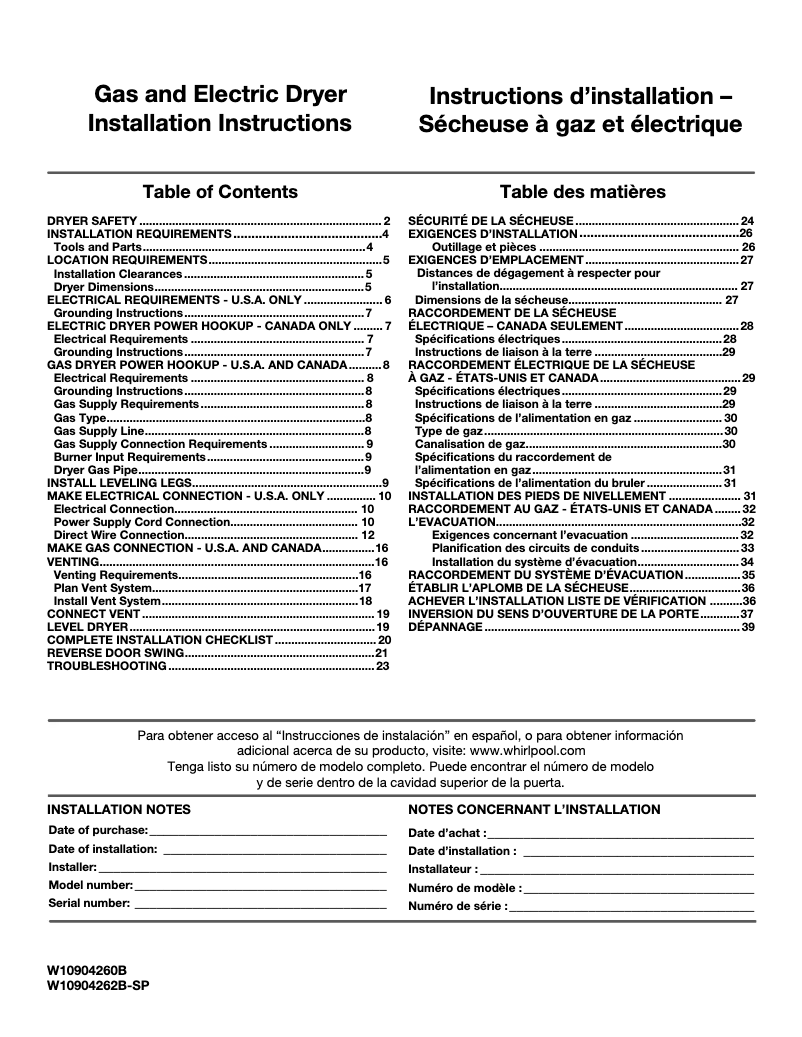 Page n°1 - Guide d'installation Maytag MEDB765FC