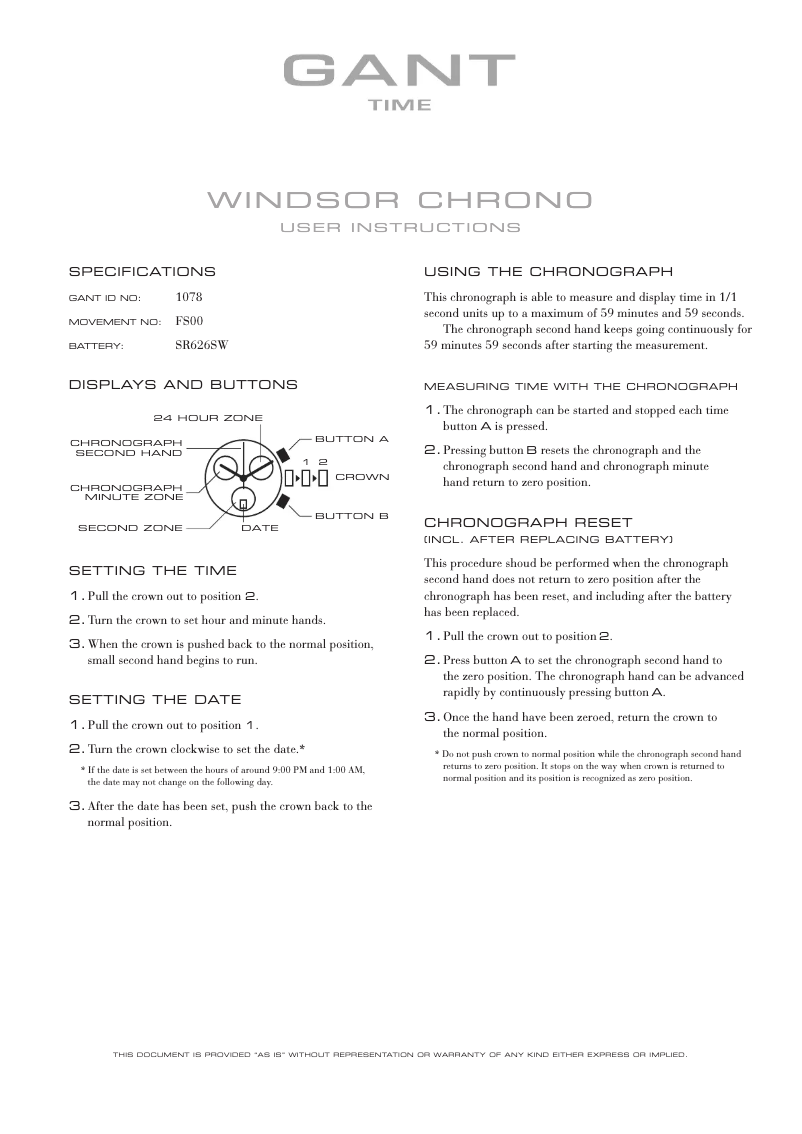 Page 1 de la notice Manuel utilisateur Gant Windsor Chrono 1078