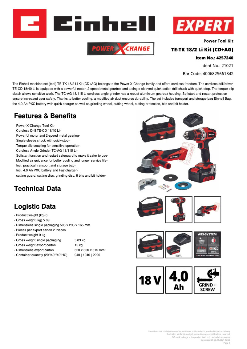 Page 1 de la notice Fiche technique Einhell TE-TK 18/2 Li