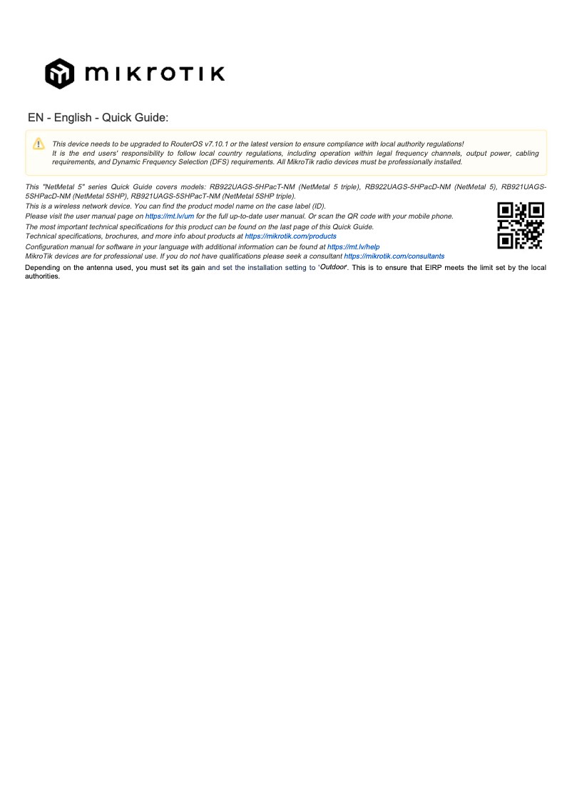 Page 1 de la notice Manuel utilisateur Mikrotik NetMetal 5