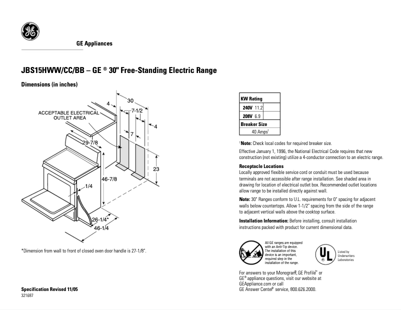 Page 1 de la notice Fiche technique GE JBS15HCC