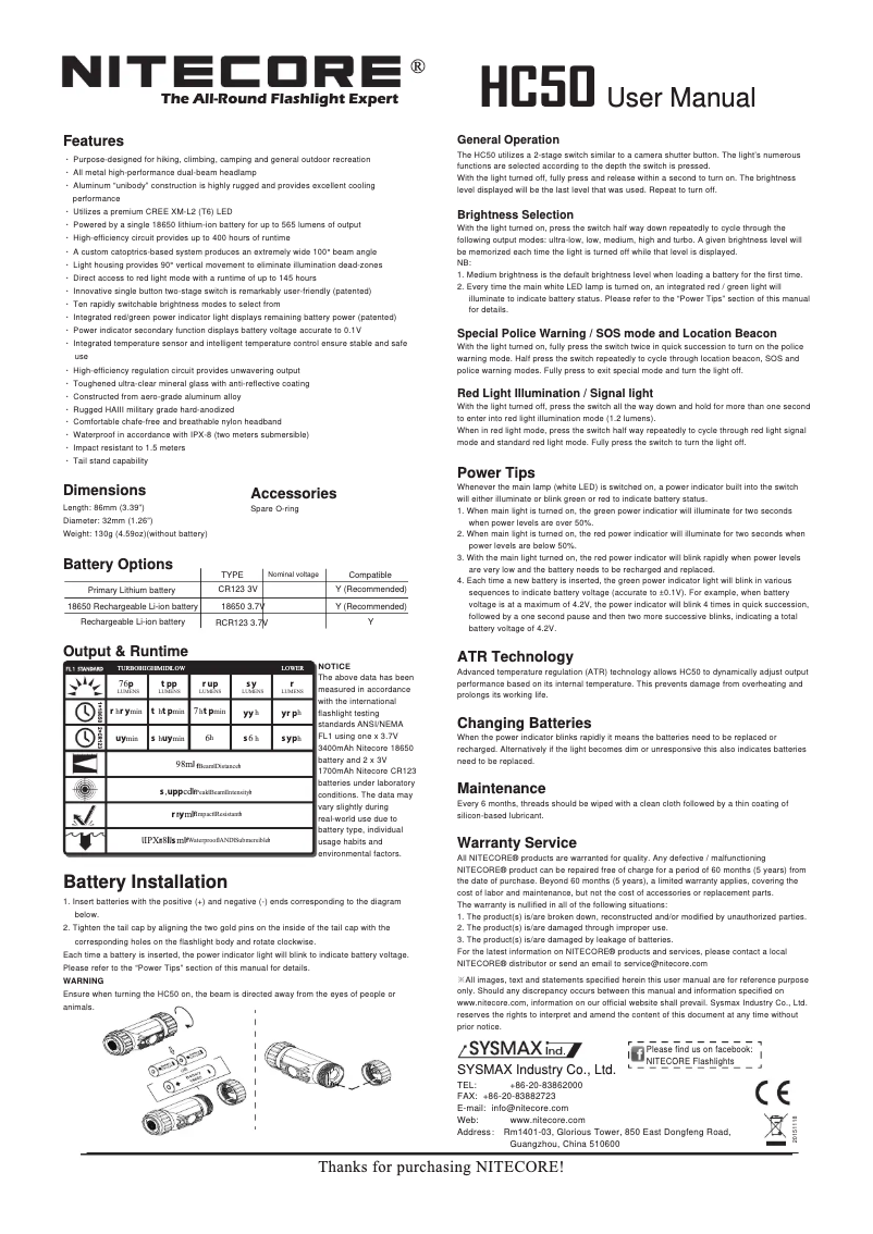 Page n°1 - Manuel utilisateur Nitecore HC50