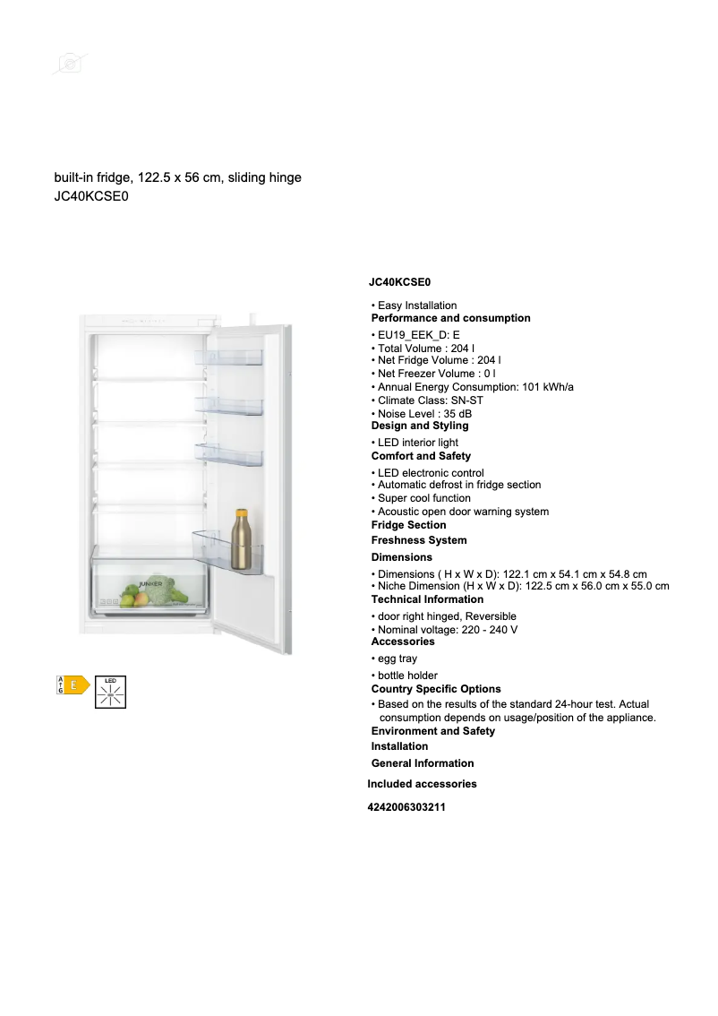 Page 1 de la notice Fiche technique Junker JC40KCSE0