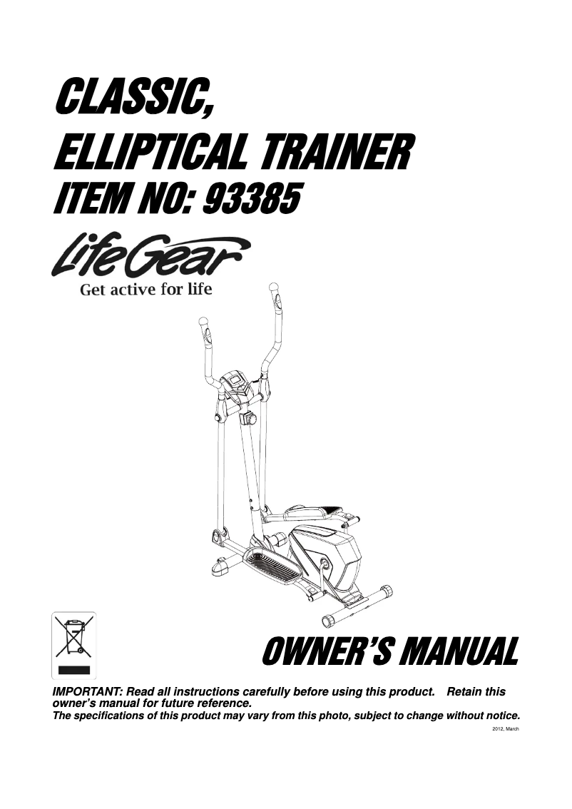 Página 1 del manual Manual de usuario Life Gear Classic Elliptical Trainer 93385