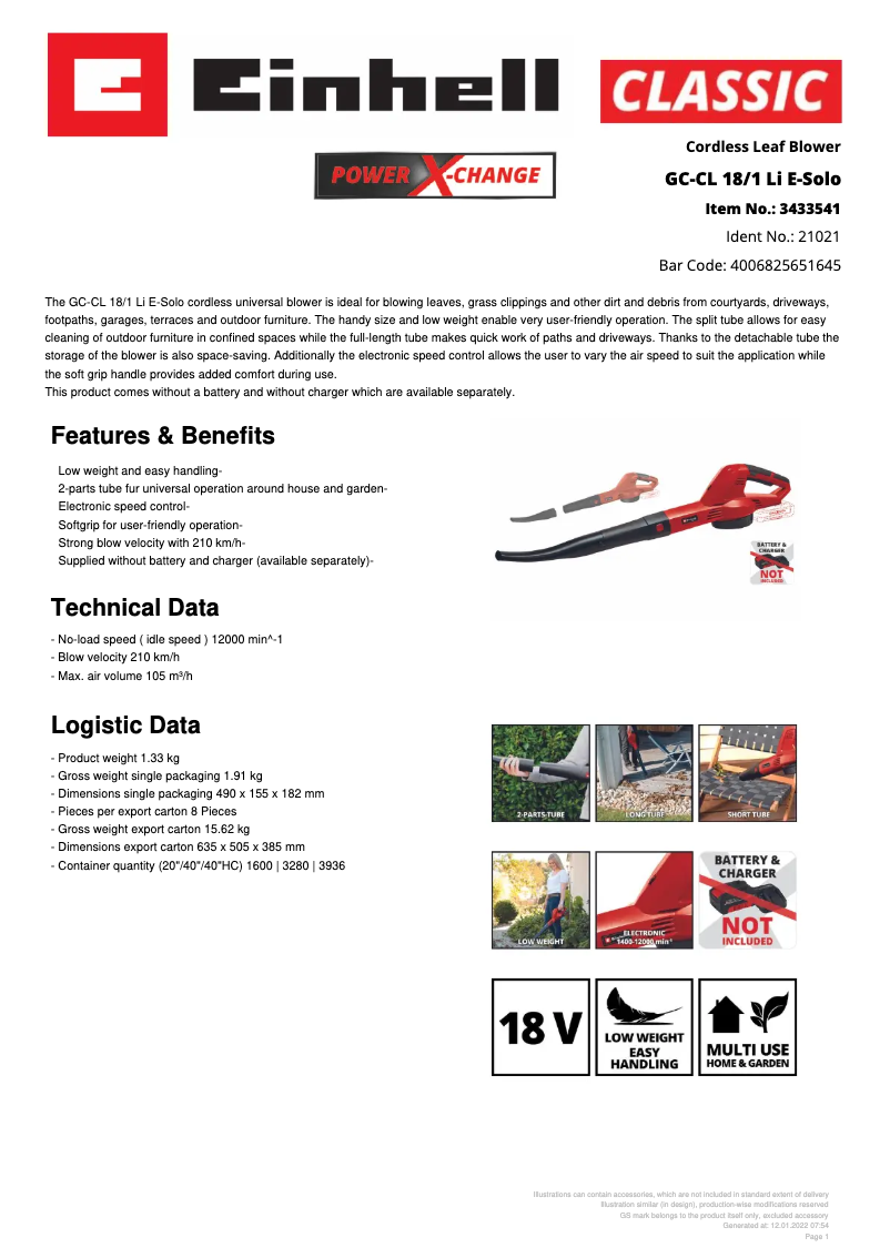 Page n°1 - Fiche technique Einhell GC-CL 18/1 Li E-Solo