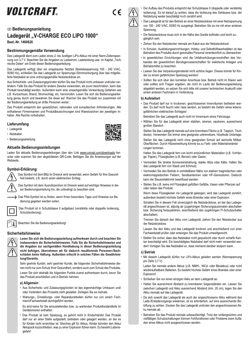 Page 1 de la notice Manuel utilisateur Voltcraft V-Charge Eco Lipo 1000