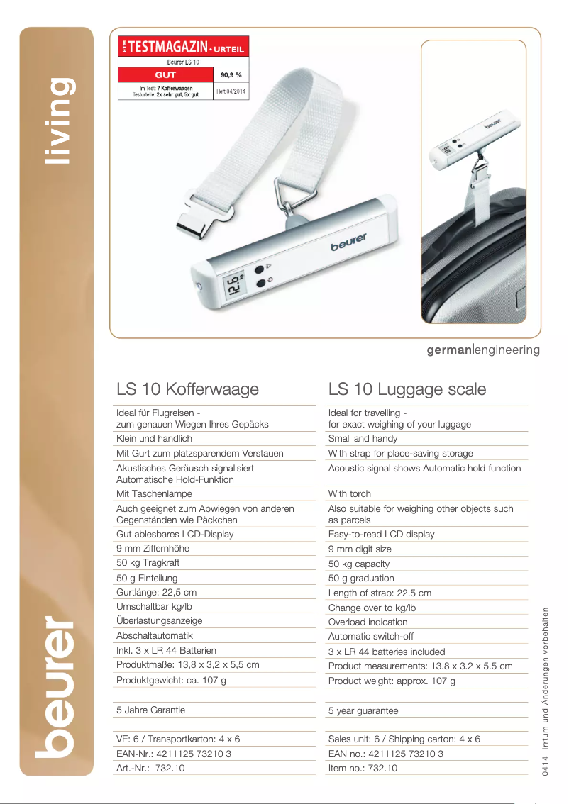 Page 1 de la notice Fiche technique Beurer LS 10