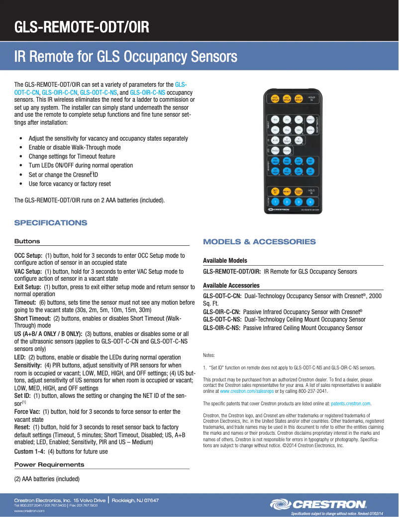 Page 1 de la notice Fiche technique Crestron GLS-REMOTE-ODT/OIR