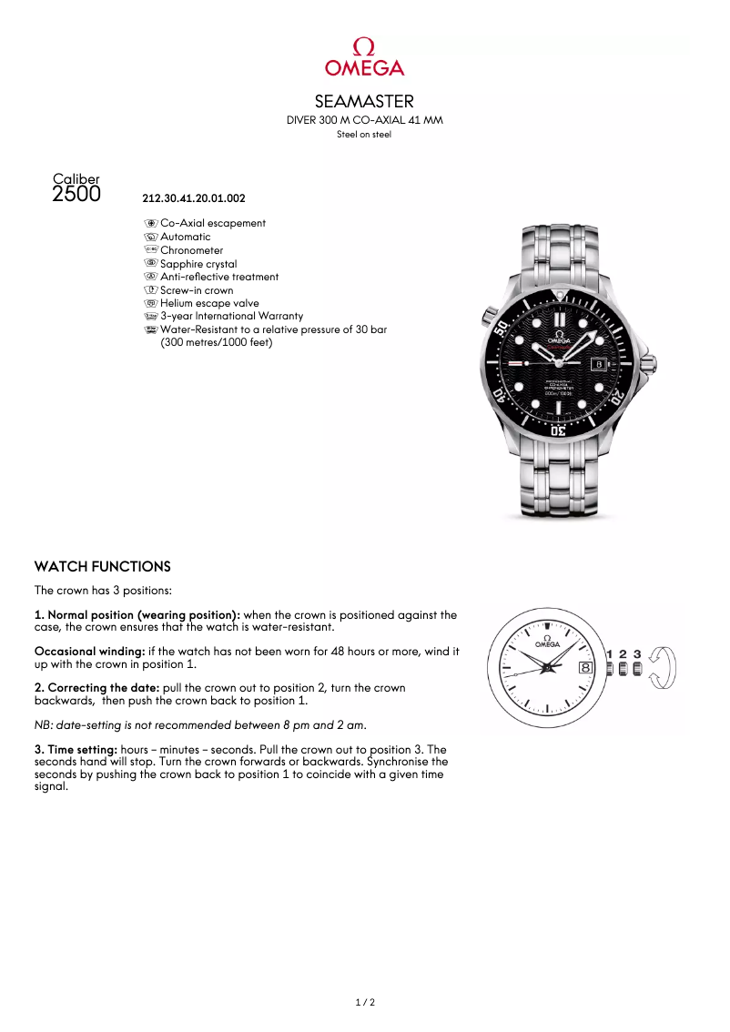 Page 1 de la notice Manuel utilisateur Omega Diver 300M CO-AXIAL
