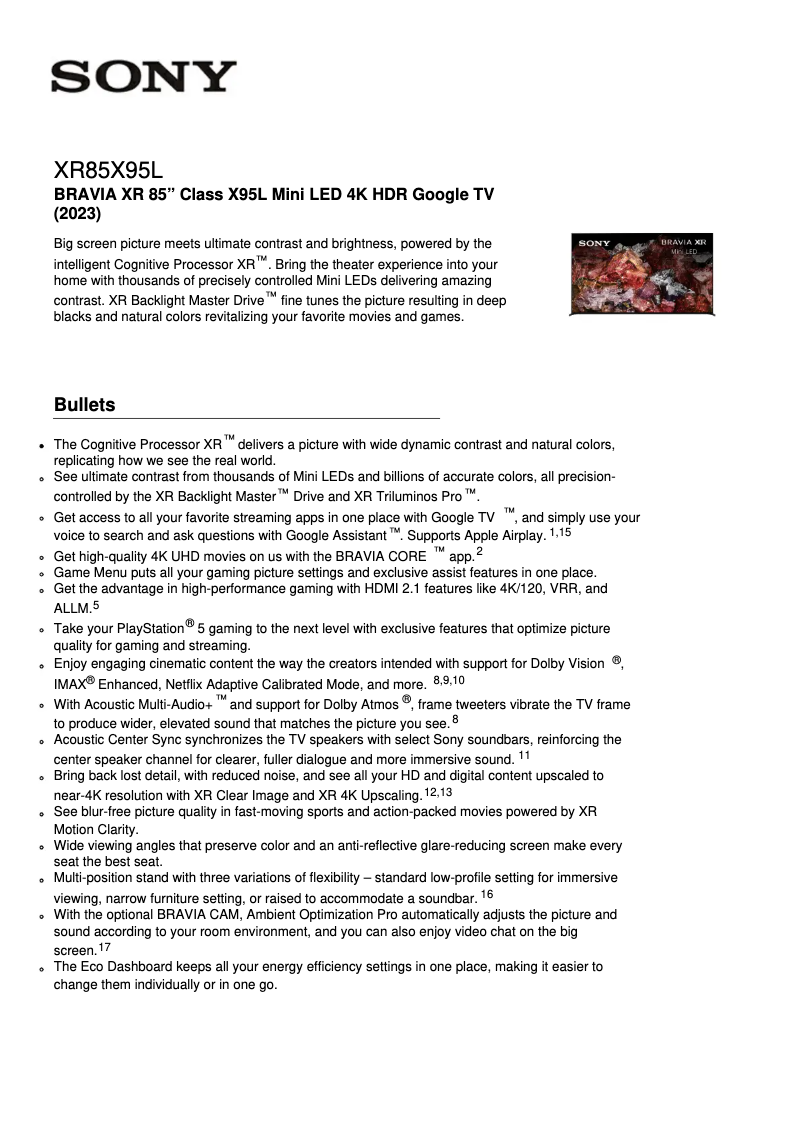 Page n°1 - Fiche technique Sony XR-85X95L