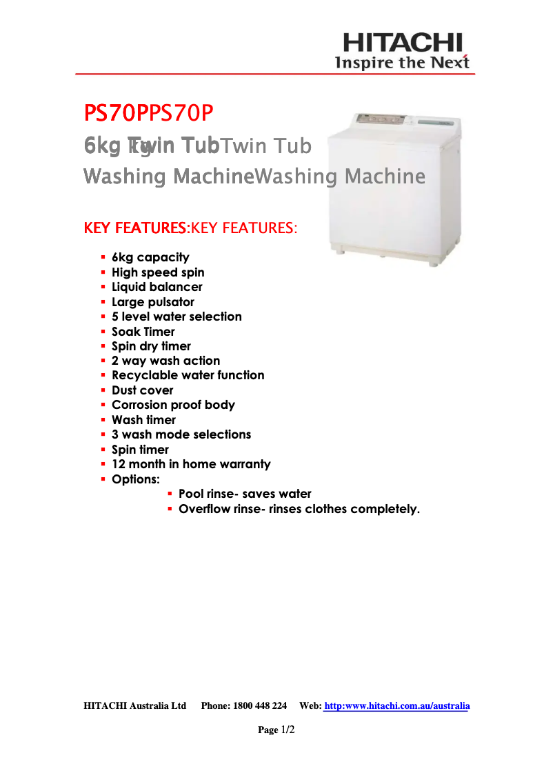 Page 1 de la notice Fiche technique Hitachi PS70P