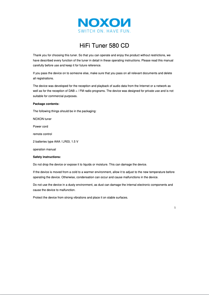 Página 1 del manual Manual de usuario Noxon HiFi Tuner 580 CD