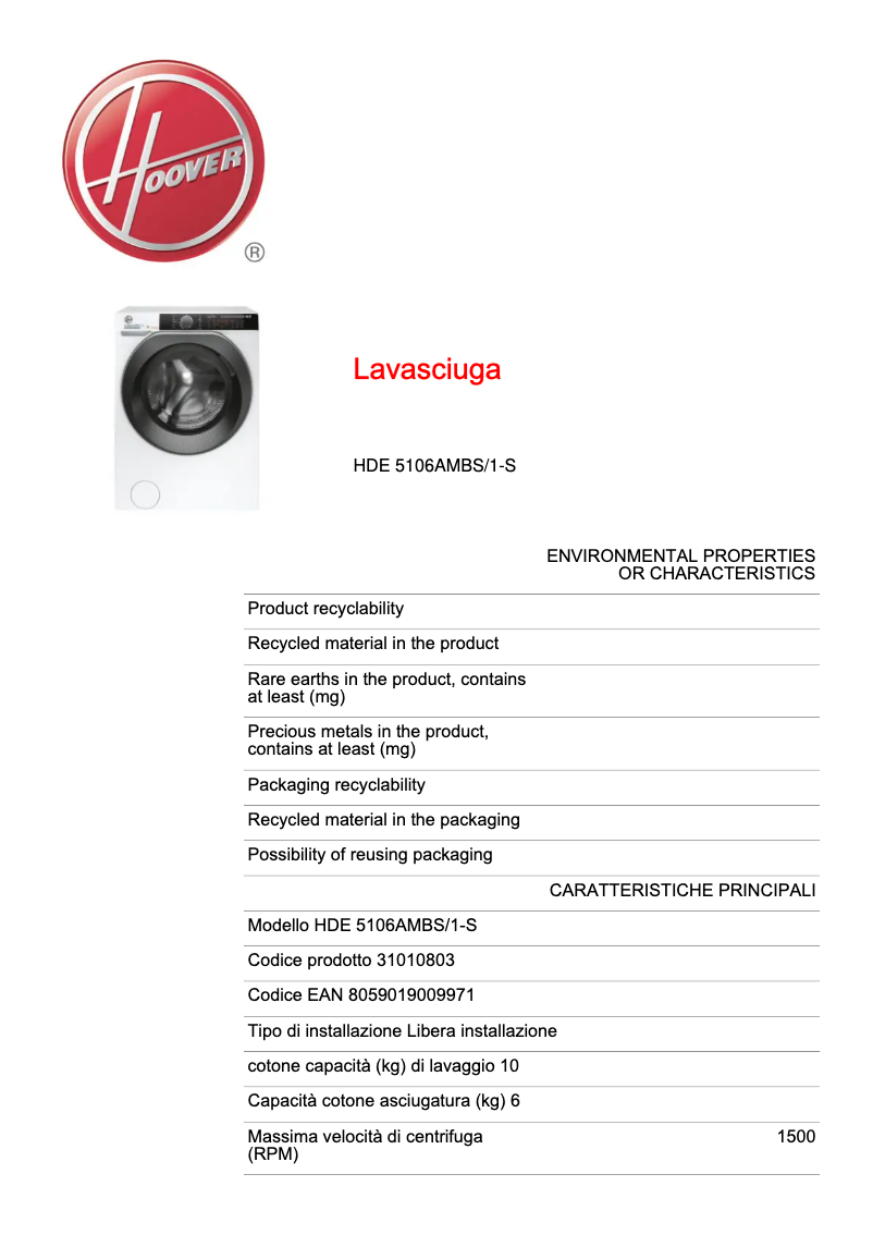 Page n°1 - Fiche technique Hoover H-WASH&DRY 500 HDE 5106AMBS/1-S