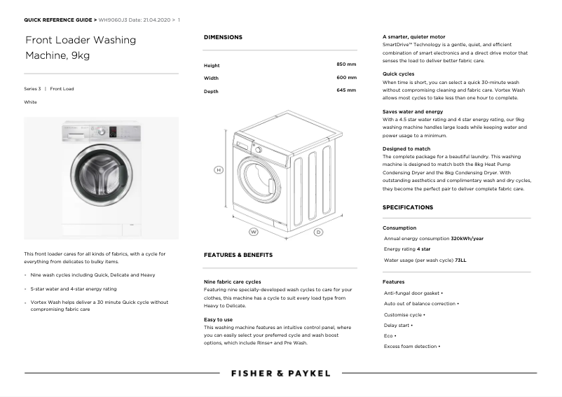 Page 1 de la notice Fiche technique Fisher & Paykel WH9060J3