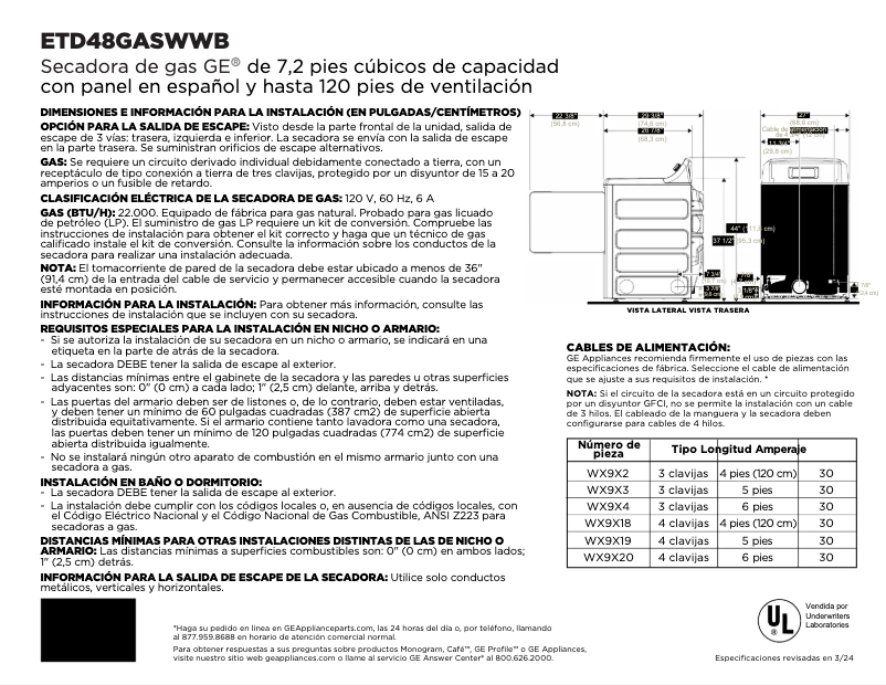 Page 1 de la notice Fiche technique GE ETD48GASWWB