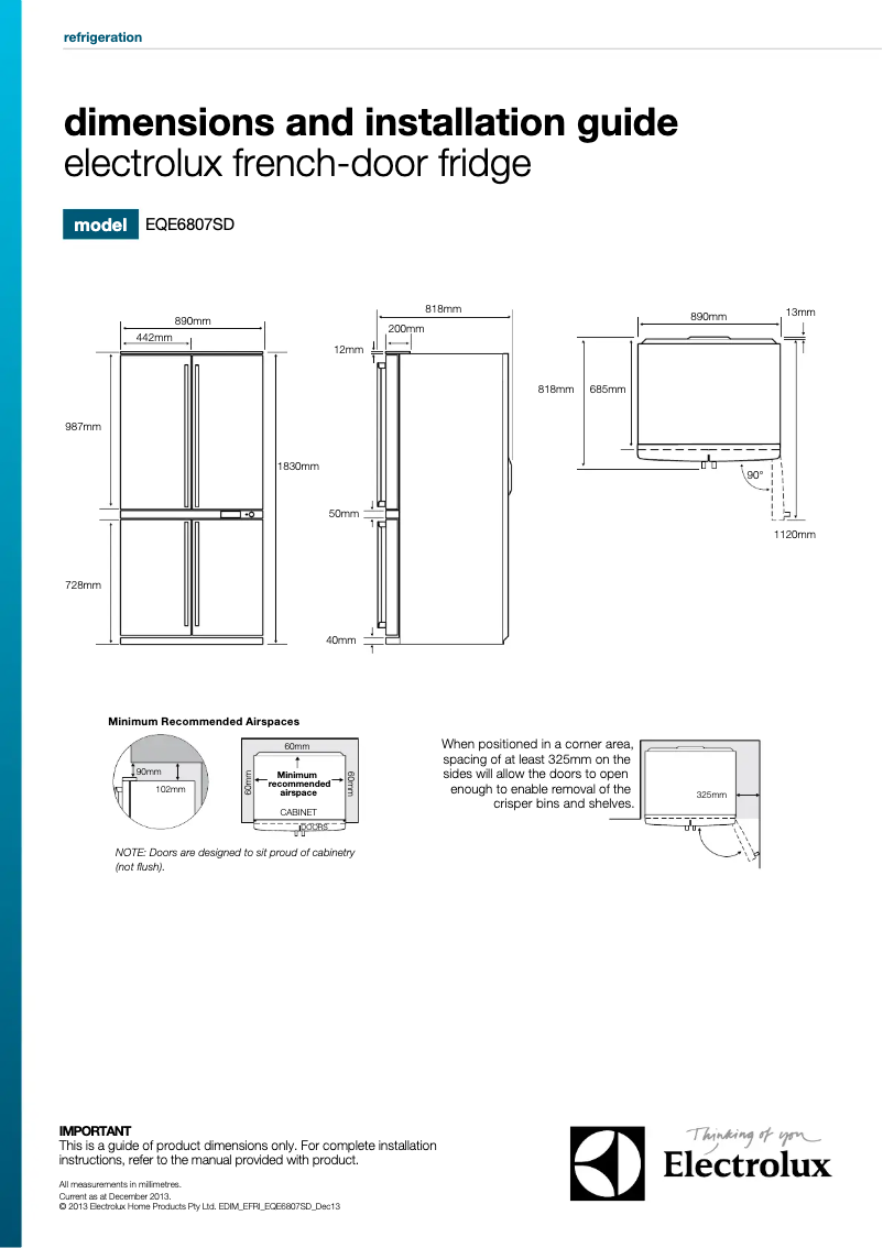 Page 1 de la notice Guide d'installation Electrolux EQE6807SD