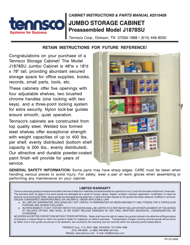 Página 1 del manual Manual de usuario Tennsco J1878SU