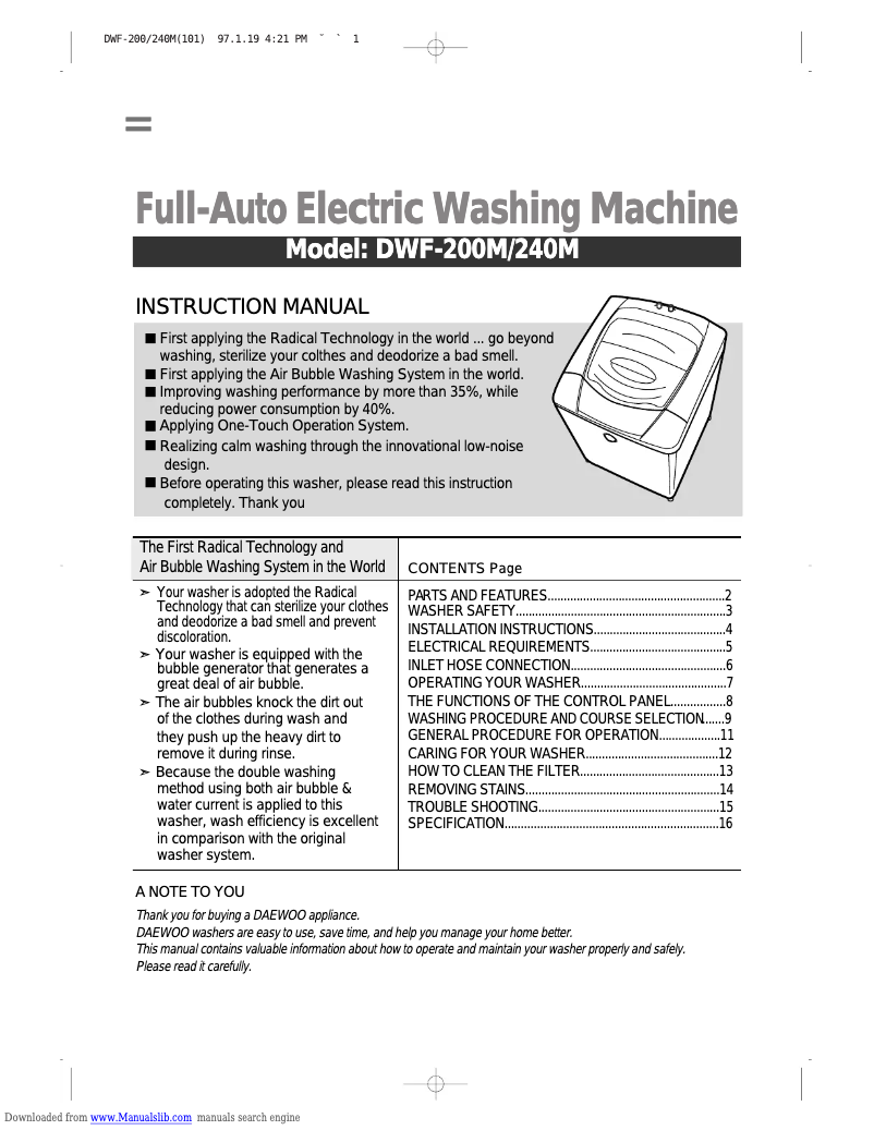 Image de la première page du manuel de l'appareil DWF-200M