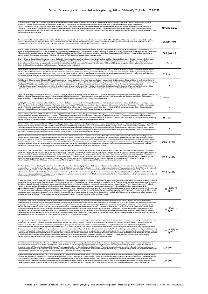 Page 1 de la notice Fiche technique Airforce Centrale b2O