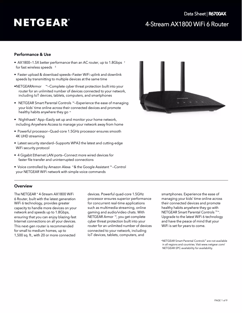 Page 1 de la notice Fiche technique Netgear R6700AX