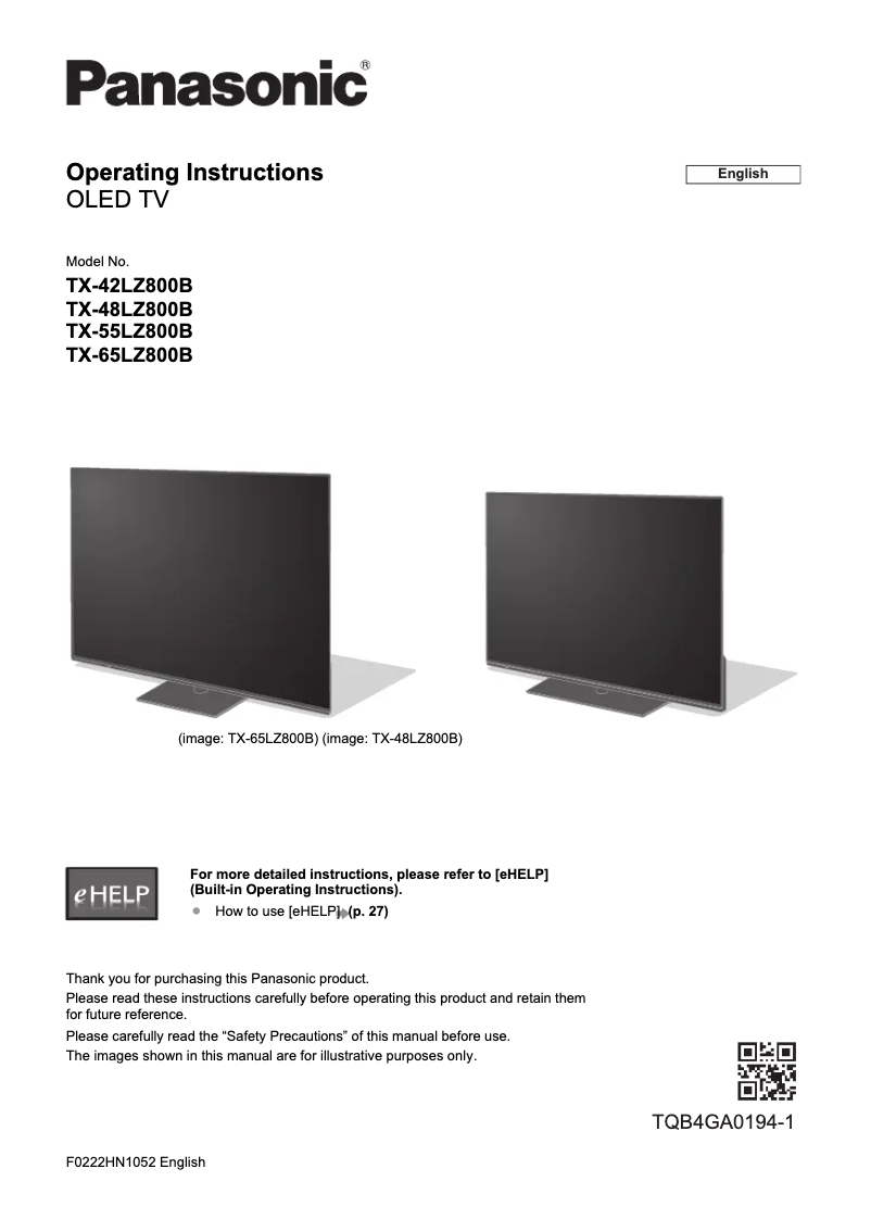 Page 1 of the manual Quick Start Guide Panasonic TX-42LZ800B