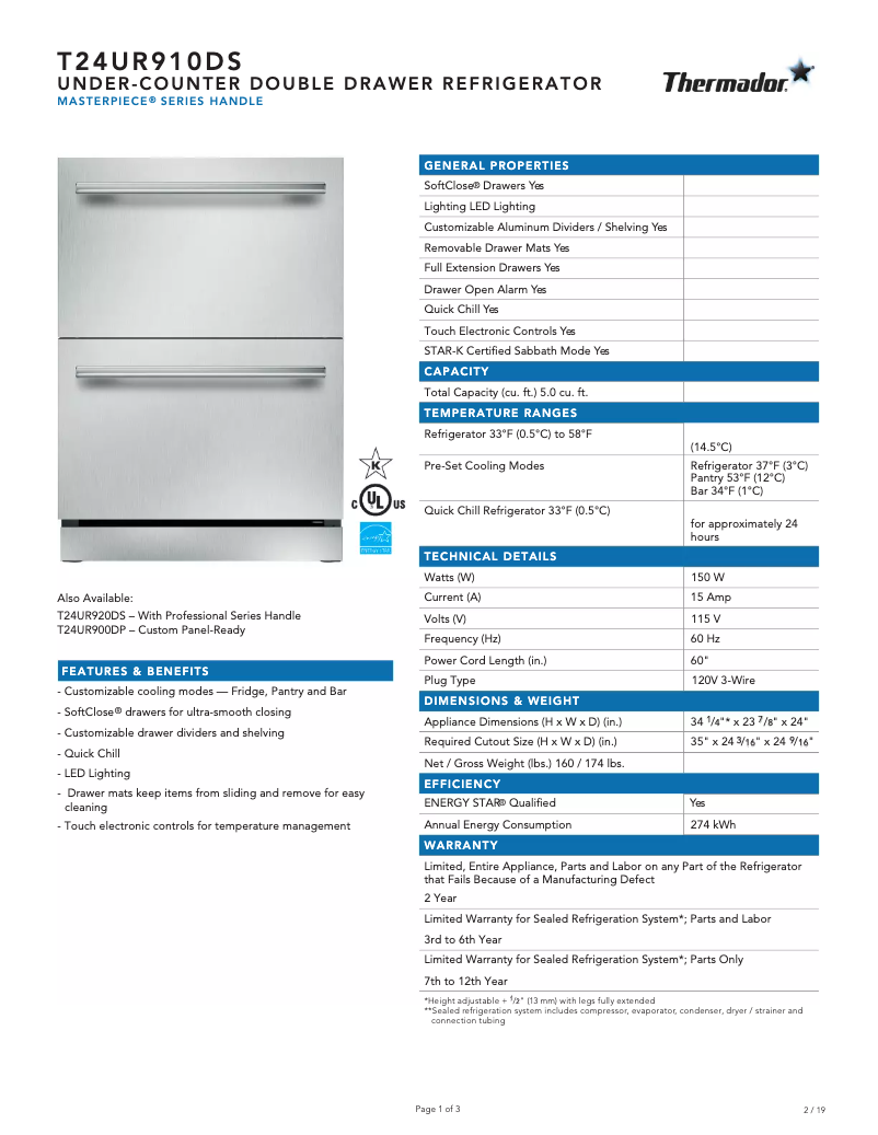 Page 1 de la notice Fiche technique Thermador T24UR910DS