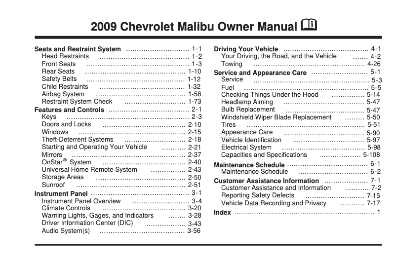 Page 1 de la notice Manuel utilisateur Chevrolet Malibu (2009)