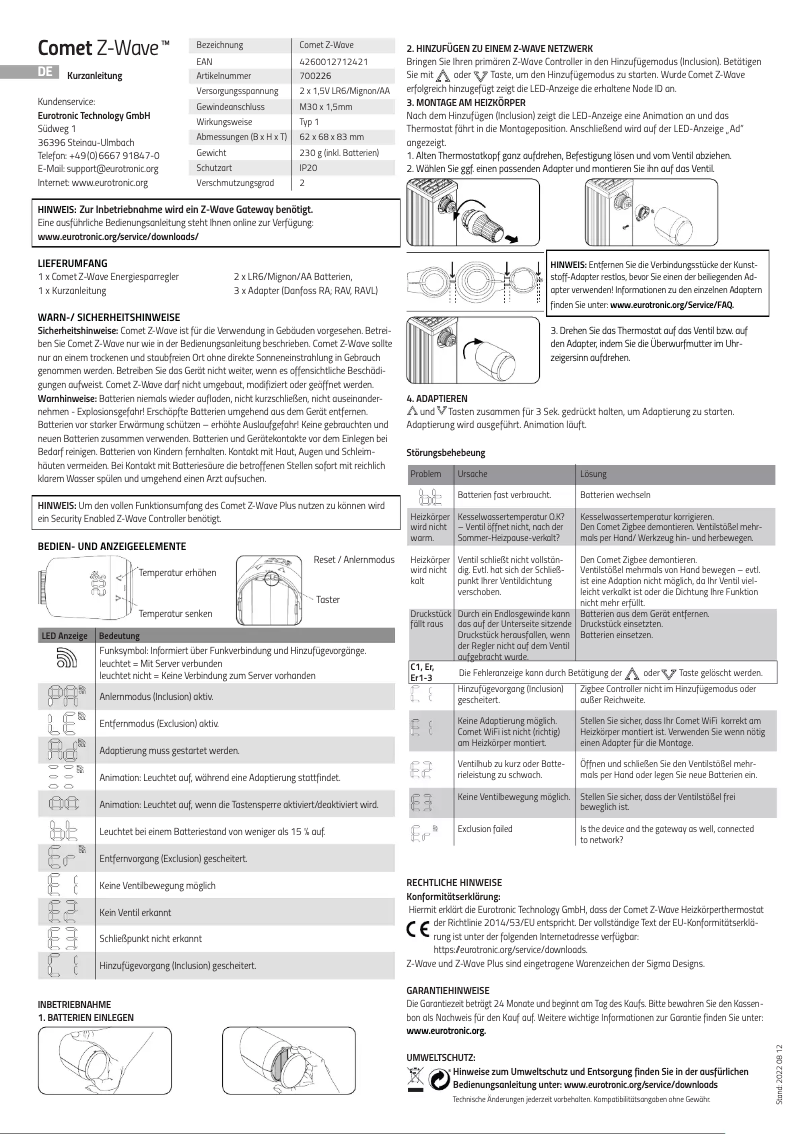 Page n°1 - Manuel utilisateur Eurotronic Comet Z-Wave