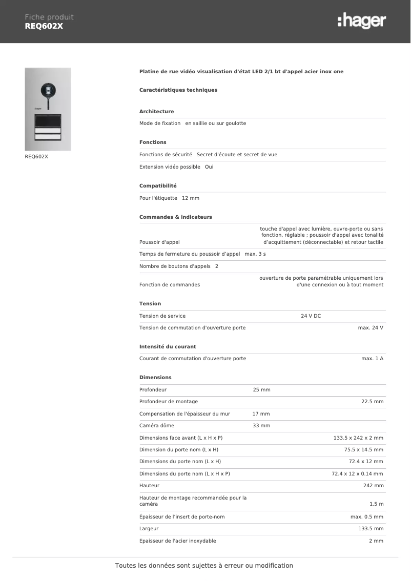 Page 1 de la notice Fiche technique Hager REQ602X