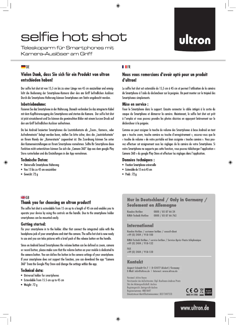 Image de la première page du manuel de l'appareil Selfie Hot Shot