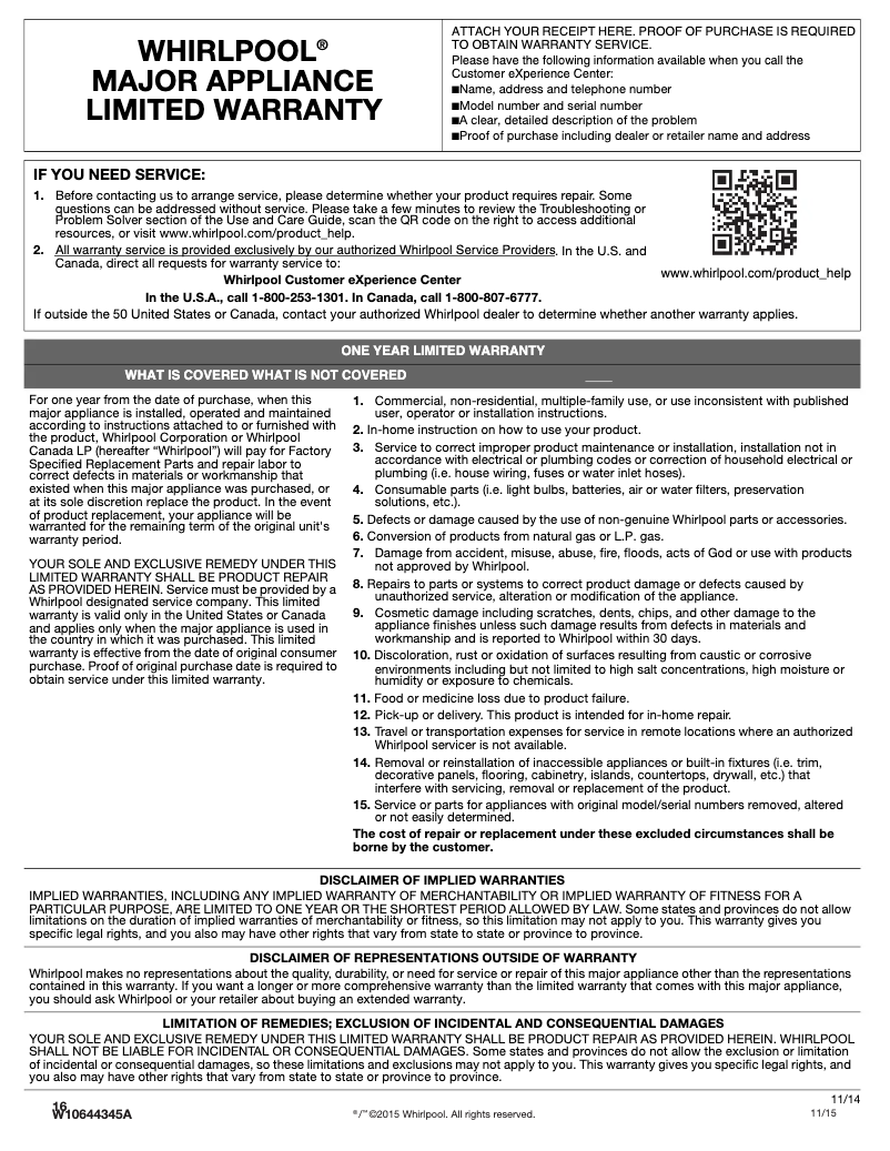 Page n°1 - Informations de garantie Whirlpool WDF330PAHS
