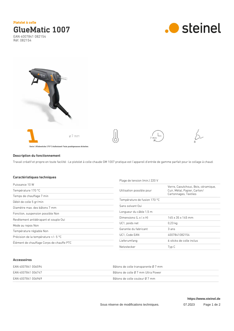 Page 1 de la notice Fiche technique Steinel GlueMatic 1007