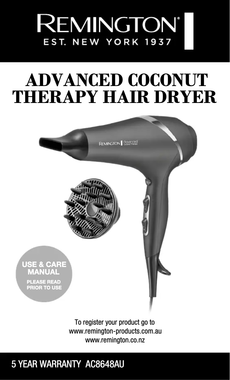 Page n°1 - Manuel utilisateur Remington Advanced Coconut Therapy AC8648