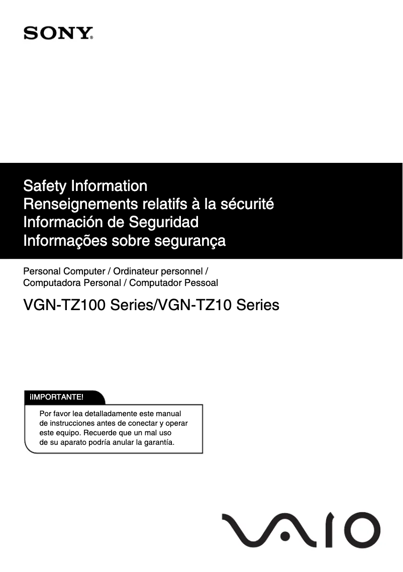 Page 1 de la notice Instructions de sécurité Sony Vaio VGN-TZ180N