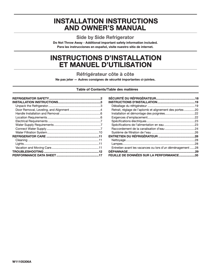 Page n°1 - Guide d'installation Amana ASI2175GRW