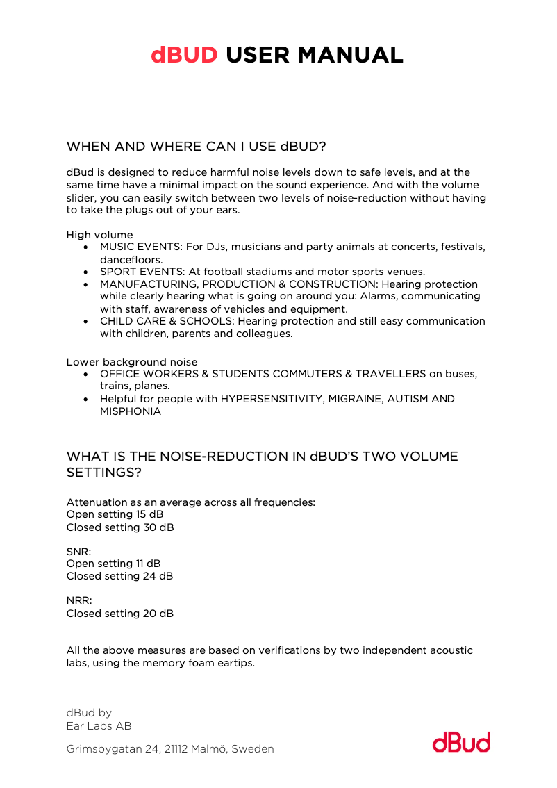 Page 1 de la notice Manuel utilisateur Ear Labs dBud