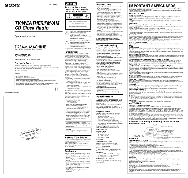 Page 1 de la notice Manuel utilisateur Sony ICF-CD853V