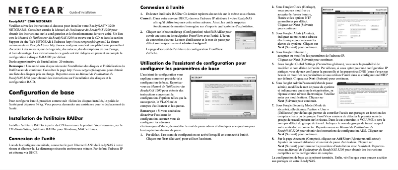 Page 1 de la notice Guide d'installation Netgear ReadyNAS R12P1220