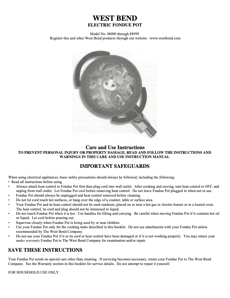 Page 1 de la notice Manuel utilisateur WestBend Fondue Pot 88000