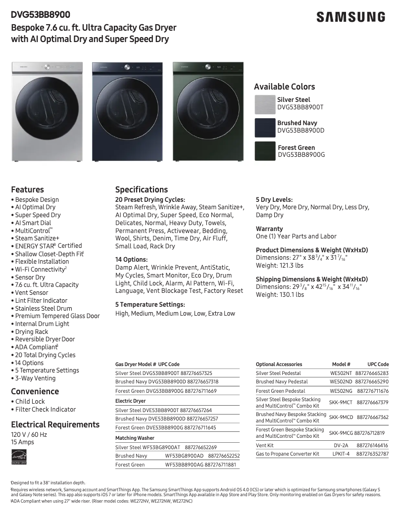 Page 1 de la notice Fiche technique Samsung DVG53BB8900G