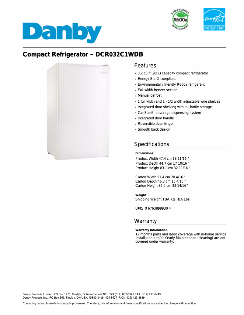 Página 1 del manual Ficha técnica Danby DCR032C1WDB