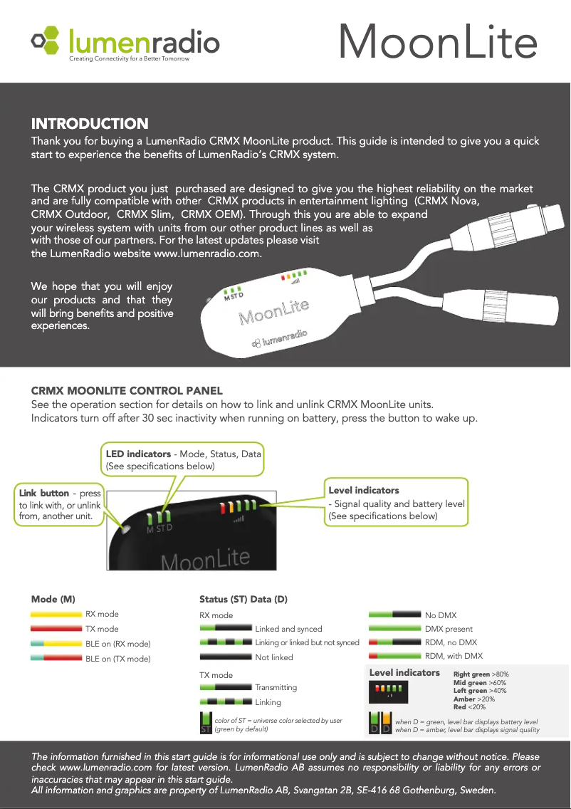 Page n°1 - Manuel utilisateur LumenRadio MoonLite