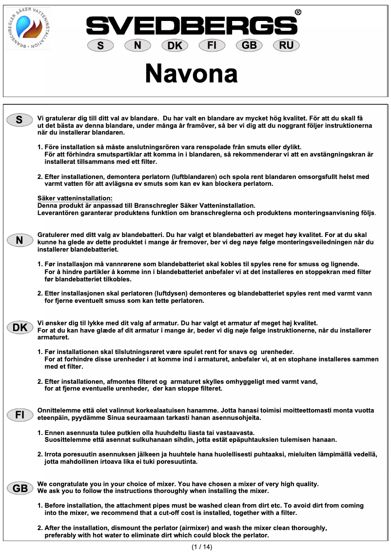 Page 1 de la notice Manuel utilisateur Svedbergs Navona