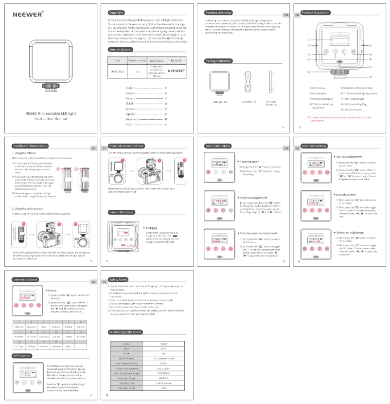 Page 1 de la notice Manuel utilisateur Neewer RGB62