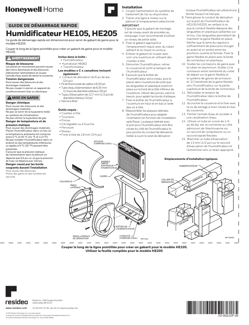 Page 1 de la notice Guide de démarrage rapide Honeywell HE105A1000