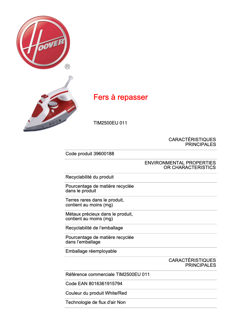 Page 1 de la notice Fiche technique Hoover IronJet TIM2500EU 011