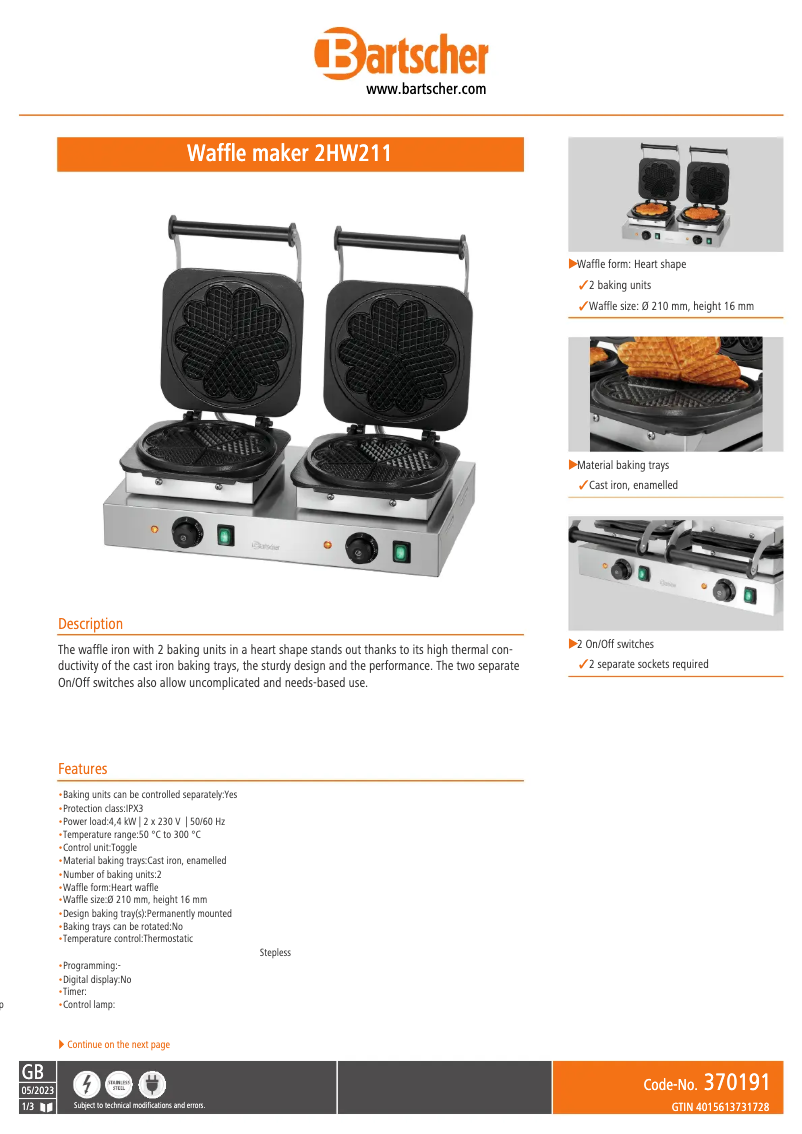 Page 1 de la notice Fiche technique Bartscher 2HW211