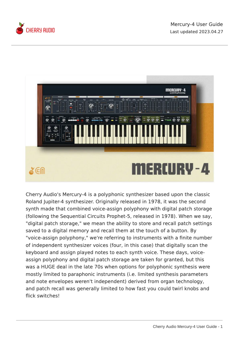 Page 1 de la notice Manuel utilisateur Cherry Audio Mercury-4