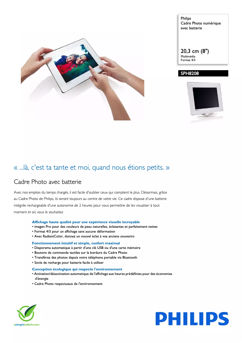 Page 1 de la notice Fiche technique Philips SPH8208