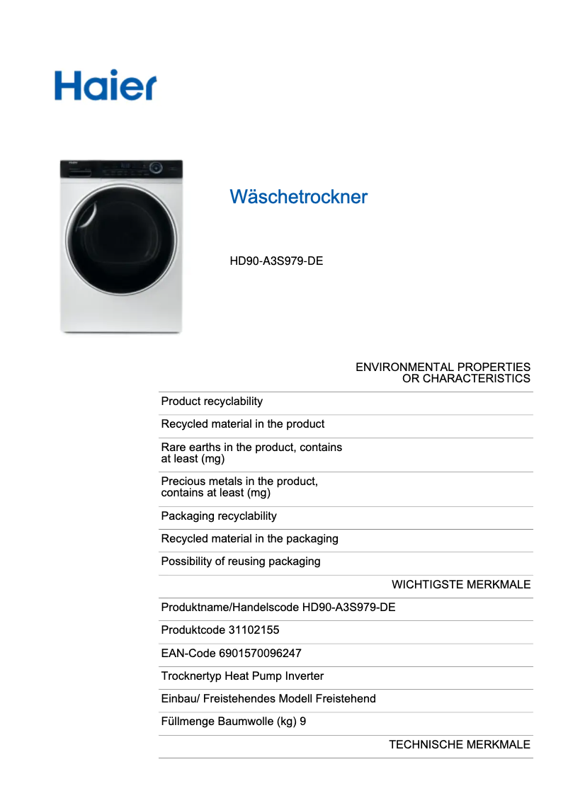 Page 1 de la notice Fiche technique Haier I-Pro Series 7 HD90-A3S979